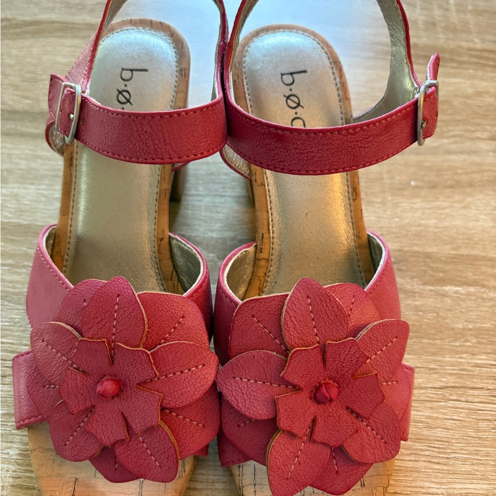 b.o.c. Red Floral Cork Wedge Sandals